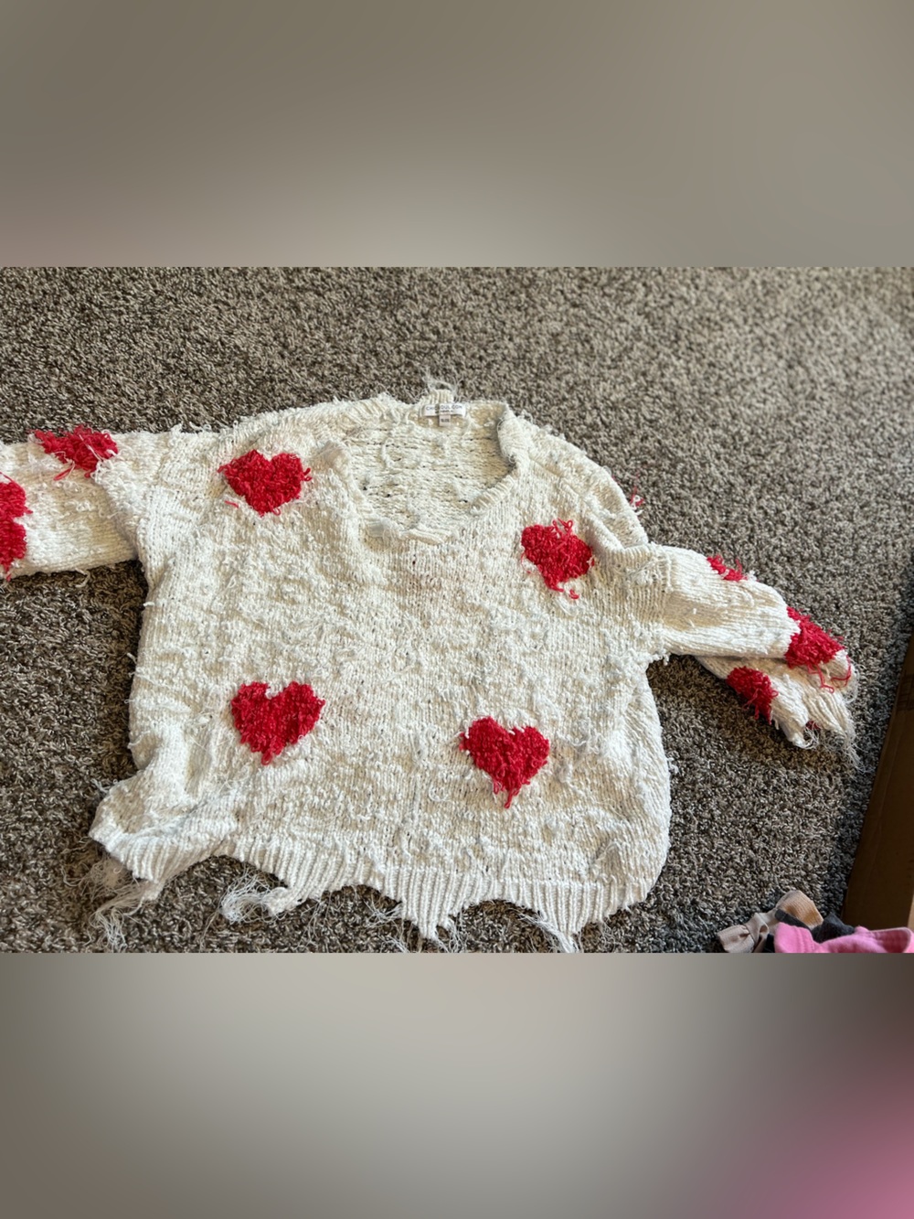 Cream Knit Sweater with Red Heart Accents